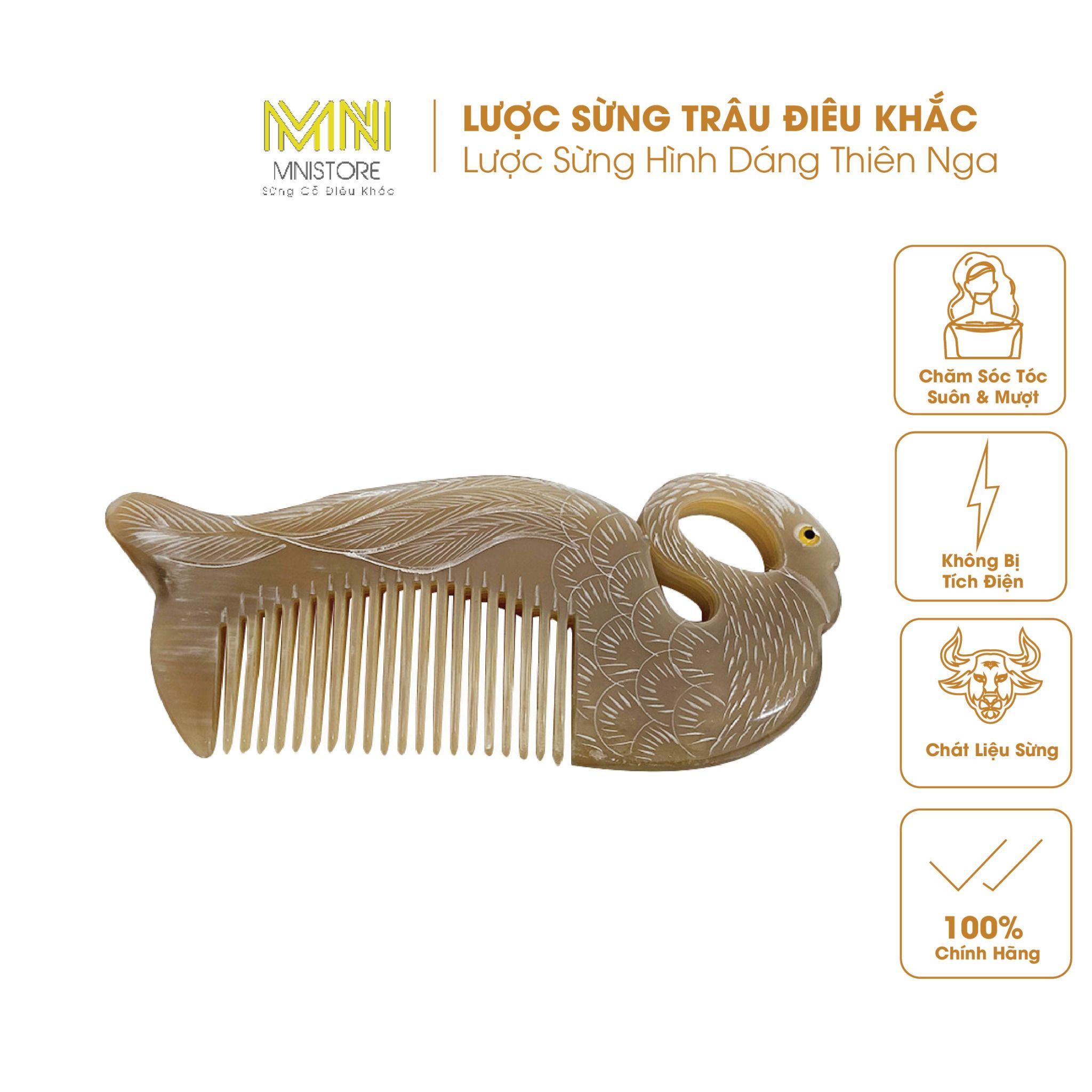  Lược sừng trâu hình thiên nga Mnistore, cao cấp, gỡ rối tóc, giảm gãy rụng 