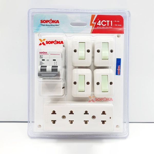 Bảng Điện 4 Công Tắc 4 Lỗ Cắm MCB 32A 4CT1 SOPOKA