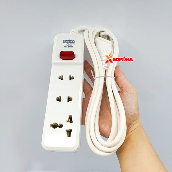 Ổ Cắm Điện 3 Lỗ 2200W Lõi Sứ Có Dây Và Công Tắc 3M2 SOPOKA