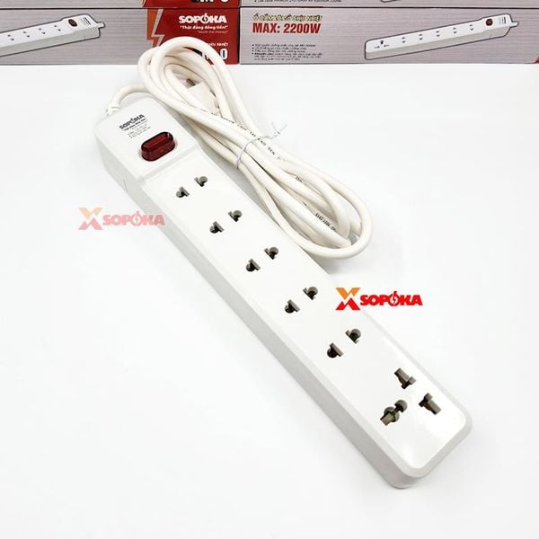 Ổ Cắm 6 Lỗ Lõi Sứ 2200W SOPOKA 6M2 – Có Dây, Công Tắc