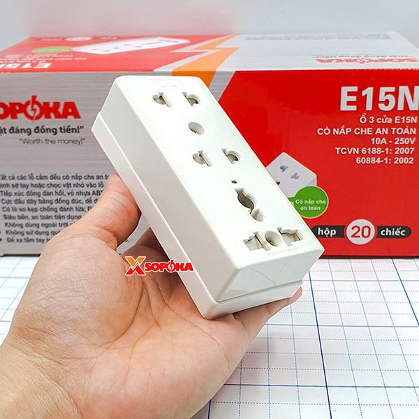 Ổ Cắm Điện Táp Lô 3 Lỗ 2200W Có Nắp Che An Toàn E15N SOPOKA