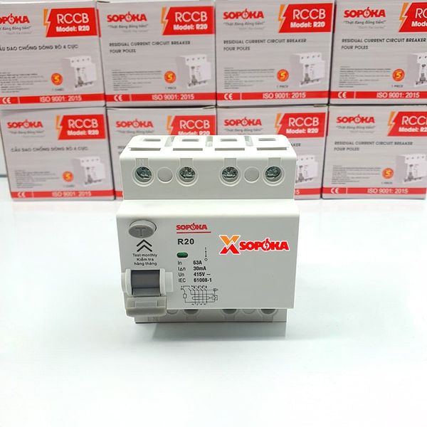 Aptomat Chống Giật 3 Pha 4 Cực RCCB 4P Chống Giật 63A 4P 30mA SOPOKA