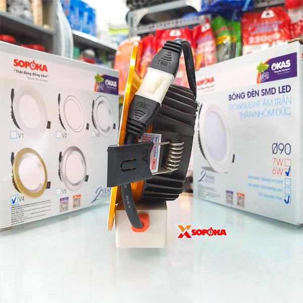 Bóng Đèn Âm Trần 3 Chế Độ Màu 6W Downlight Nhôm Đúc Viền Vàng SOPOKA