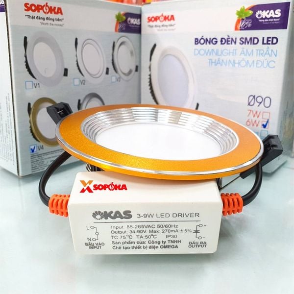 Bóng Đèn Âm Trần 3 Chế Độ Màu 6W Downlight Nhôm Đúc Viền Vàng SOPOKA