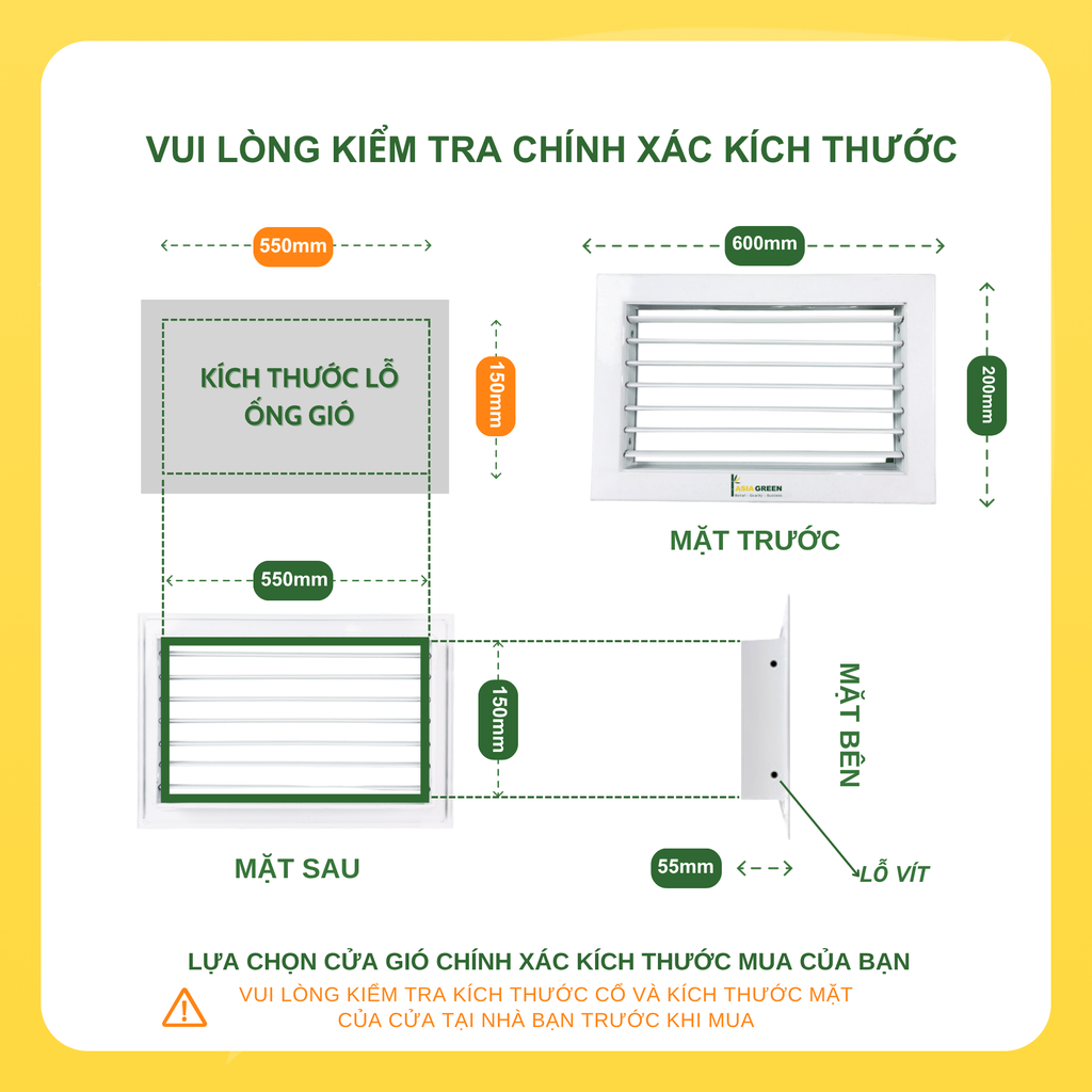 ASIA GREEN - Cửa Gió Nan Bầu Dục, Miệng Gió Nan Thẳng, Hợp Kim Nhôm Cao Cấp, Sơn Tĩnh Điện (Bao Gồm VAT)