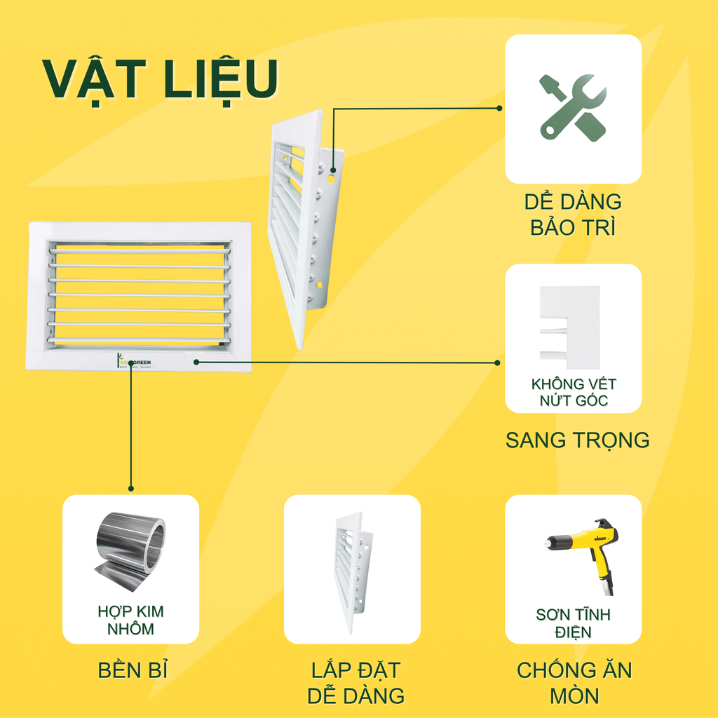 ASIA GREEN - Cửa Gió Nan Bầu Dục, Miệng Gió Nan Thẳng, Hợp Kim Nhôm Cao Cấp, Sơn Tĩnh Điện (Bao Gồm VAT)