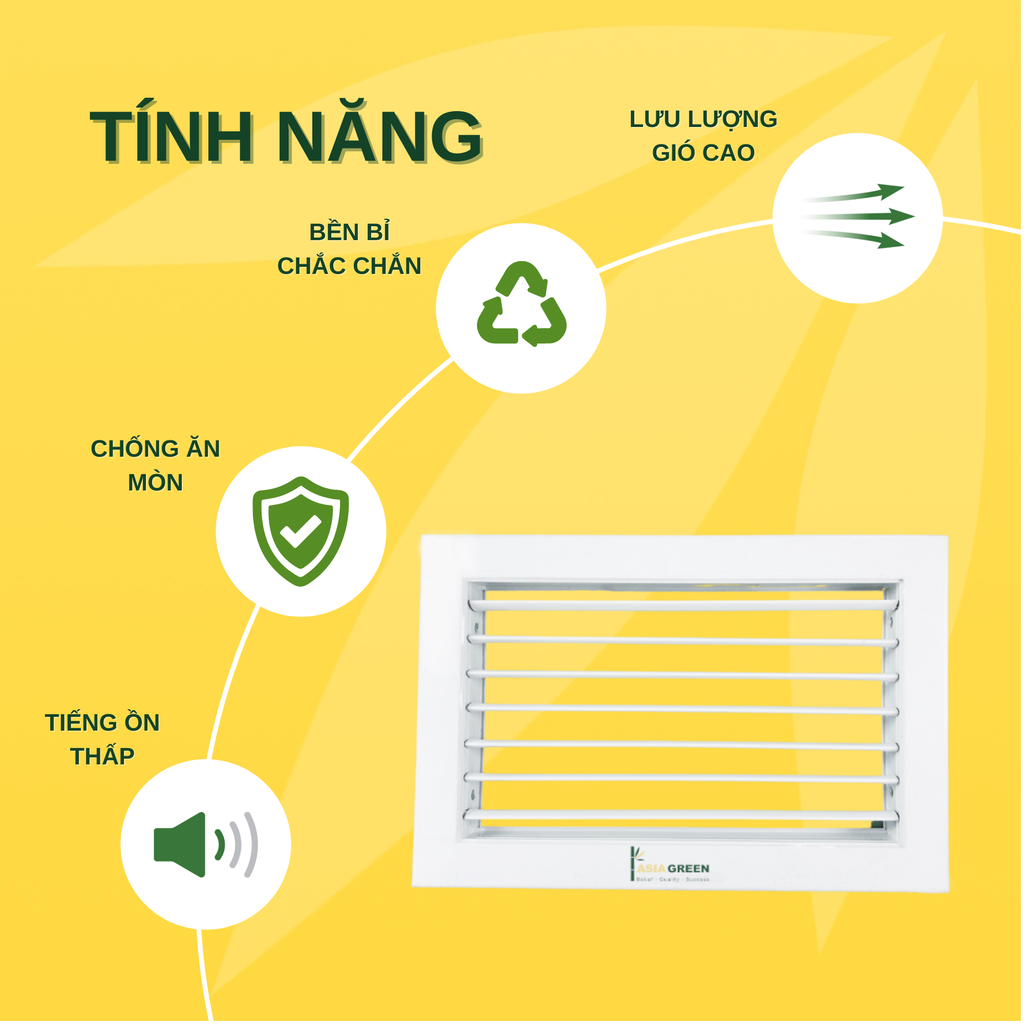 ASIA GREEN - Cửa Gió Nan Bầu Dục, Miệng Gió Nan Thẳng, Hợp Kim Nhôm Cao Cấp, Sơn Tĩnh Điện (Bao Gồm VAT)