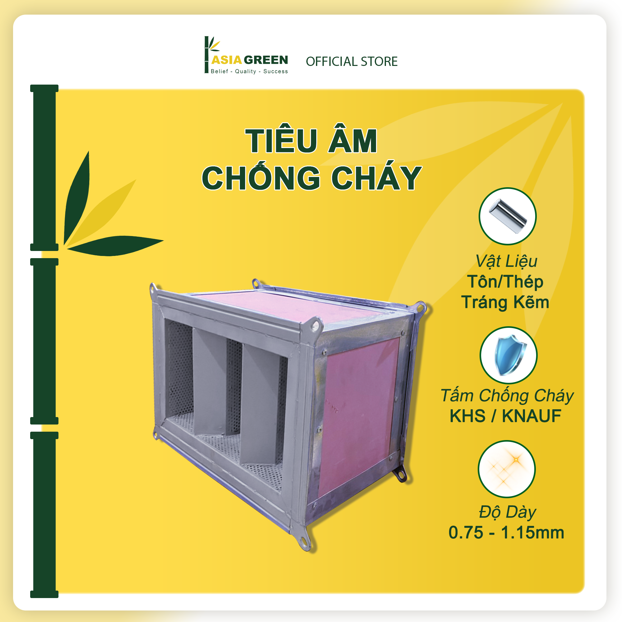 ASIA GREEN - Tiêu Âm Chống Cháy, Tôn/Thép Tráng Kẽm, Bọc Tấm KHS/KNAUF, Độ Dày 0.75-1.15mm (Giá bao gồm VAT)