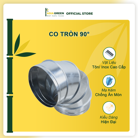 ASIA GREEN - Co Tròn 90°, Chuyển Hướng Gió, Tôn Mạ Kẽm, Chống Ăn Mòn, Độ Dày 0.58mm (Giá bao gồm VAT)