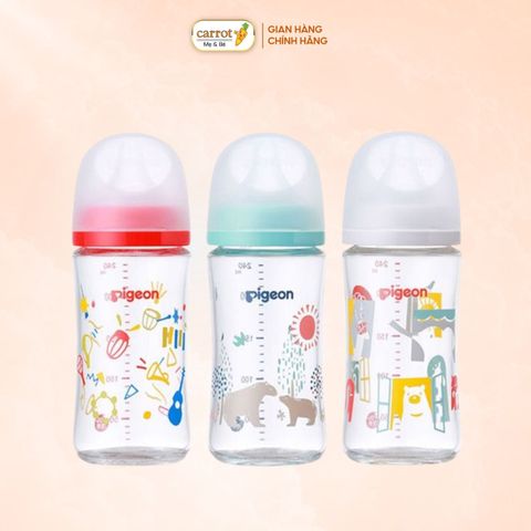 Bình Sữa Pigeon Thủy Tinh Borosilicate Thế Hệ III 240ml (Kèm Núm M) - Họa Tiết