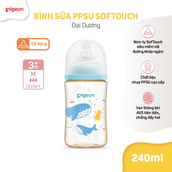 Bình Sữa Pigeon PPSU Softouch Baby-Friendly World Cổ Rông 240ml Hình Đại Dương
