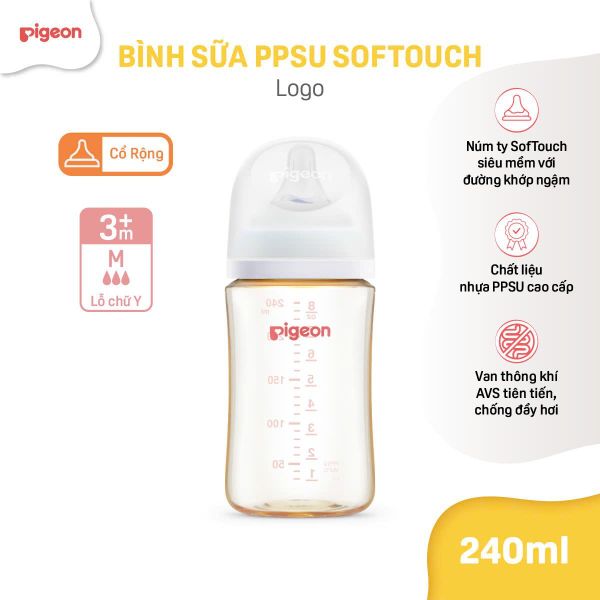 Bình Sữa Pigeon PPSU Softouch Baby-Friendly World Cổ Rông 240ml Hình Logo Pigeon