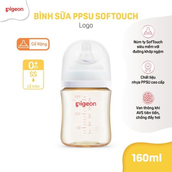 Bình Sữa Pigeon PPSU Softouch Baby-Friendly World Cổ Rông 160ml Hình Logo Pigeon