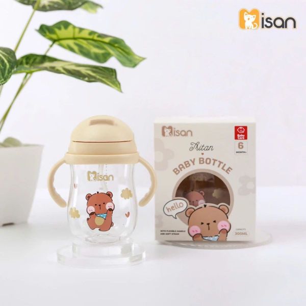 Bình Nước Tritan Misan 300ml Có Van Chống Sặc Và Tay Cầm Cho Bé 6M+