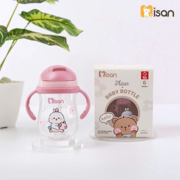 Bình Nước Tritan Misan 300ml Có Van Chống Sặc Và Tay Cầm Cho Bé 6M+