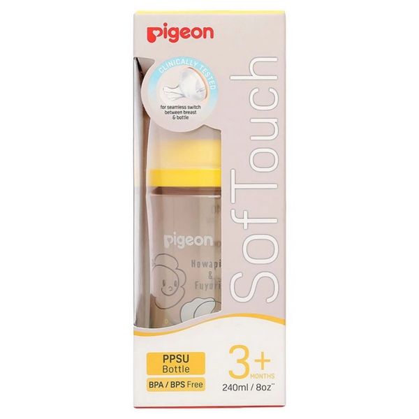 Bình Sữa PPSU Pigeon Howapipi WN3 Cổ Rộng 240ml Màu Vàng (Núm M)