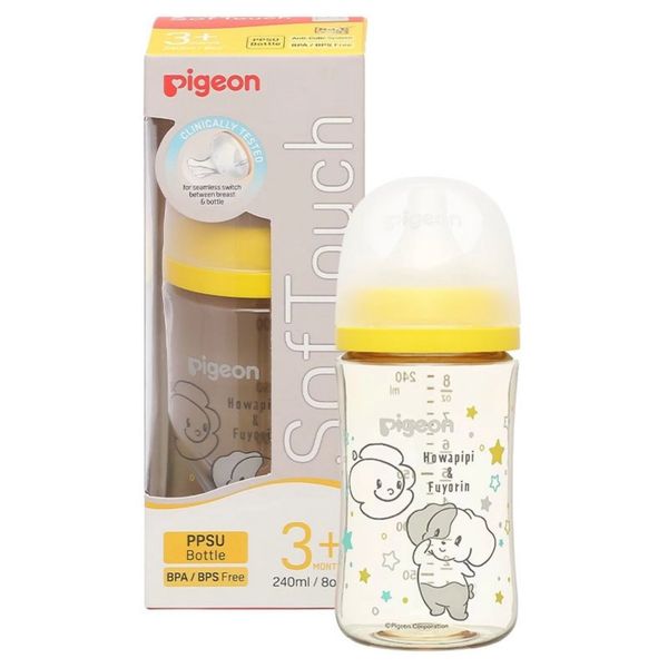 Bình Sữa PPSU Pigeon Howapipi WN3 Cổ Rộng 240ml Màu Vàng (Núm M)