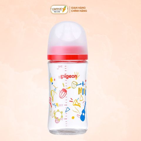 Bình Sữa Pigeon Thủy Tinh Borosilicate Thế Hệ III 240ml (Kèm Núm M) - Họa Tiết Nhạc Cụ