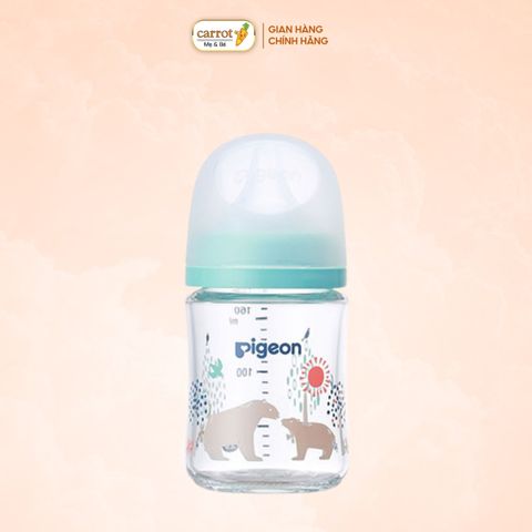 Bình Sữa Pigeon Thủy Tinh Borosilicate Thế Hệ III 160ml (Kèm Núm SS) - Họa Tiết Gấu