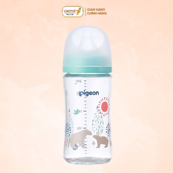 Bình Sữa Pigeon Thủy Tinh Borosilicate Thế Hệ III 240ml (Kèm Núm M) - Họa Tiết Gấu