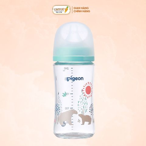 Bình Sữa Pigeon Thủy Tinh Borosilicate Thế Hệ III 240ml (Kèm Núm M) - Họa Tiết Gấu