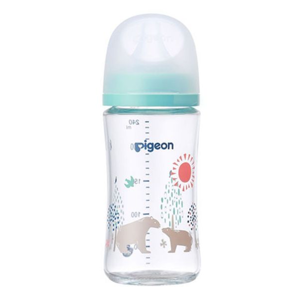 Bình Sữa Pigeon Thủy Tinh Borosilicate Thế Hệ III 240ml (Kèm Núm M) - Họa Tiết Gấu