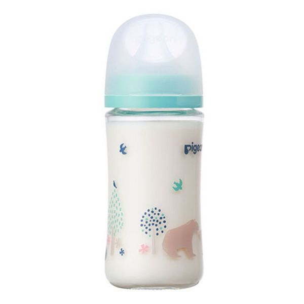 Bình Sữa Pigeon Thủy Tinh Borosilicate Thế Hệ III 240ml (Kèm Núm M) - Họa Tiết Gấu