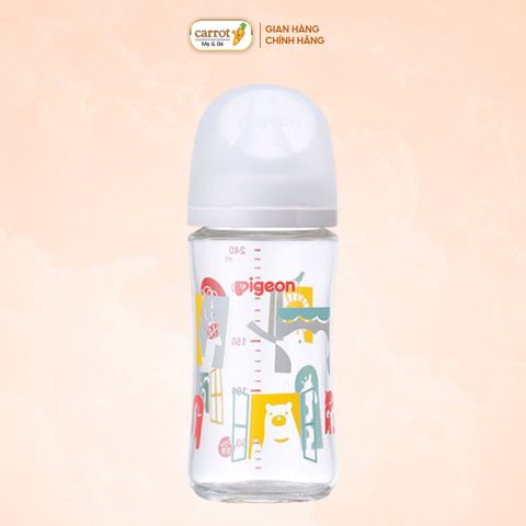 Bình Sữa Pigeon Thủy Tinh Borosilicate Thế Hệ III 240ml (Kèm Núm M) - Họa Tiết Sở Thú
