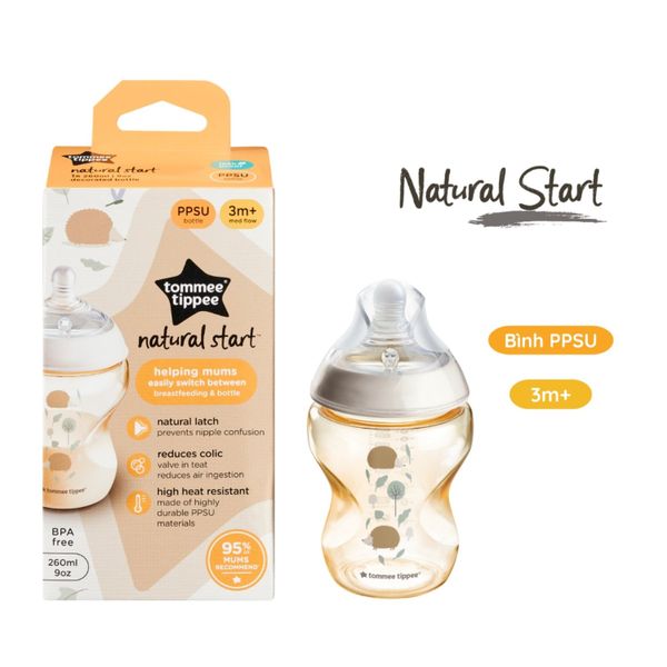 Bình Sữa Tommee Tippee PPSU Natural Star Cổ Rộng 260ml Họa Tiết