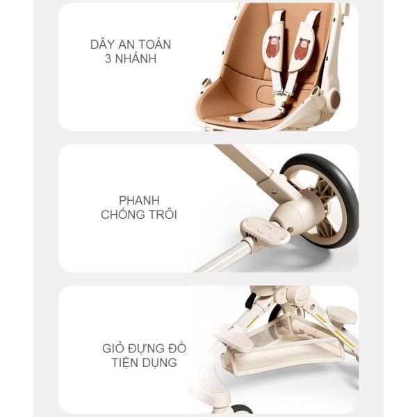 Xe Đẩy Gấp Gọn OBAIWAO Baby 6511 Họa Tiết Mặt Gấu Nâu