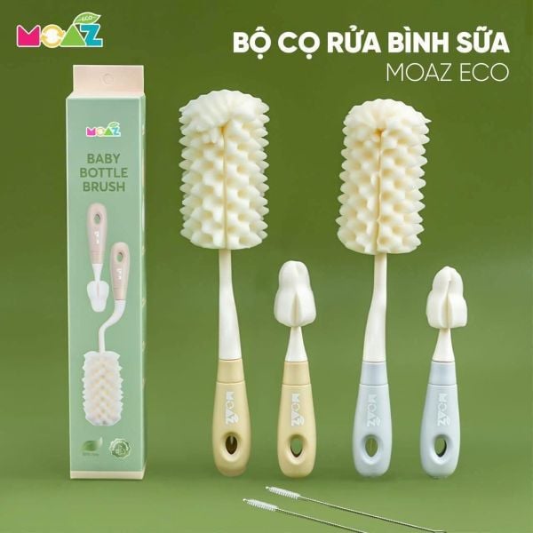Set 2 Cọ Rửa Bình Sữa Moaz Eco 4 Món Rửa Sạch Bình Tay Cầm Xoay 360