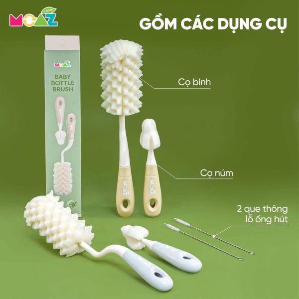 Set 2 Cọ Rửa Bình Sữa Moaz Eco 4 Món Rửa Sạch Bình Tay Cầm Xoay 360