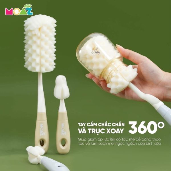 Set 2 Cọ Rửa Bình Sữa Moaz Eco 4 Món Rửa Sạch Bình Tay Cầm Xoay 360