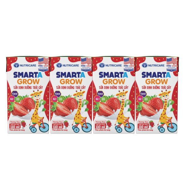 Sữa Dinh Dưỡng Trái Cây Smarta Grow Hương Dâu 110ml Lốc 4 Hộp