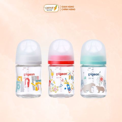 Bình Sữa Pigeon Thủy Tinh Borosilicate Thế Hệ III 160ml (Kèm Núm SS) - Họa Tiết