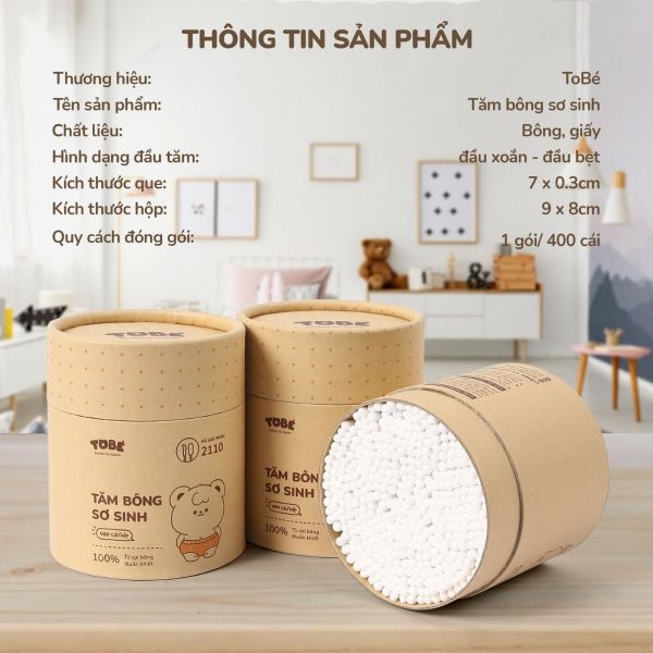 Tăm Bông Thân Giấy Cho Trẻ Êm Tobé Hộp 400 Chiếc