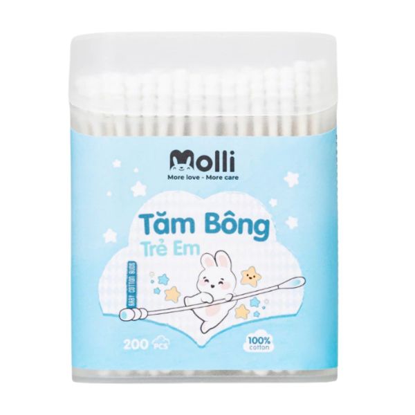 Tăm Bông Trẻ Em Thân Giấy Molli Hộp 200 Que
