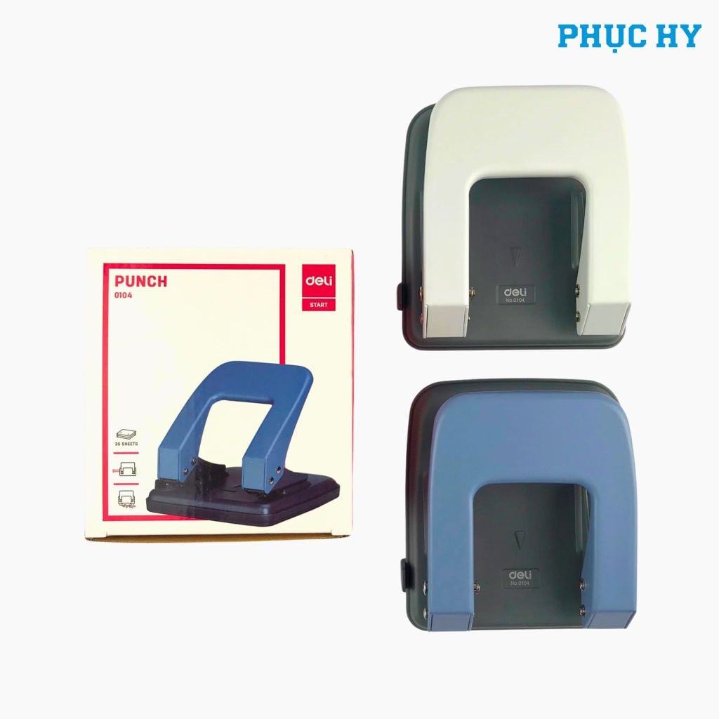 Bấm lỗ 2 lỗ Deli E0104 35 tờ màu xanh và trắng