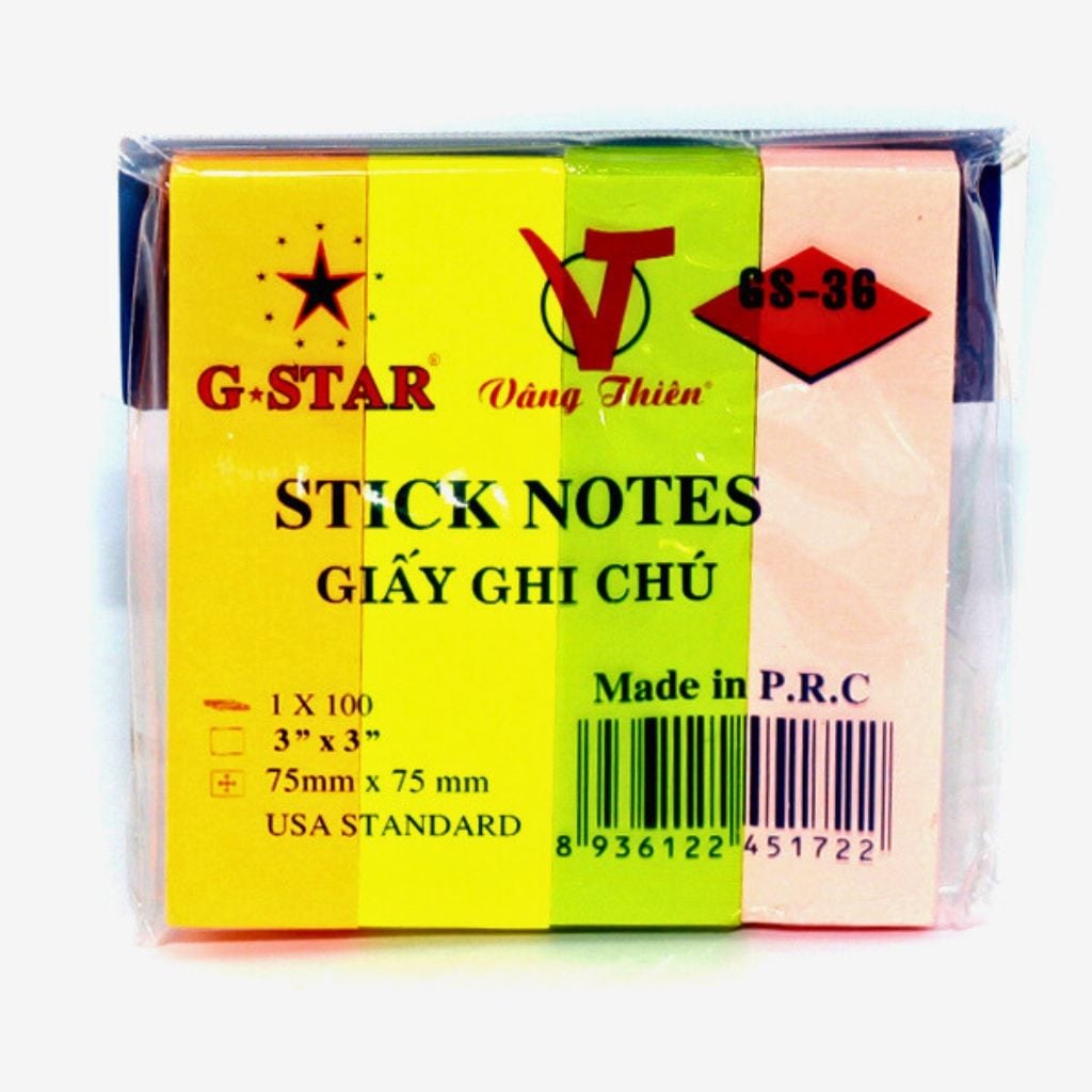 Giấy ghi chú 3×3 (4 màu) G-STAR – 75×75mm, 100 tờ/xấp