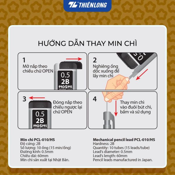 Min chì Hoshi Thiên Long 0,5 mm HB/2B, 15 min