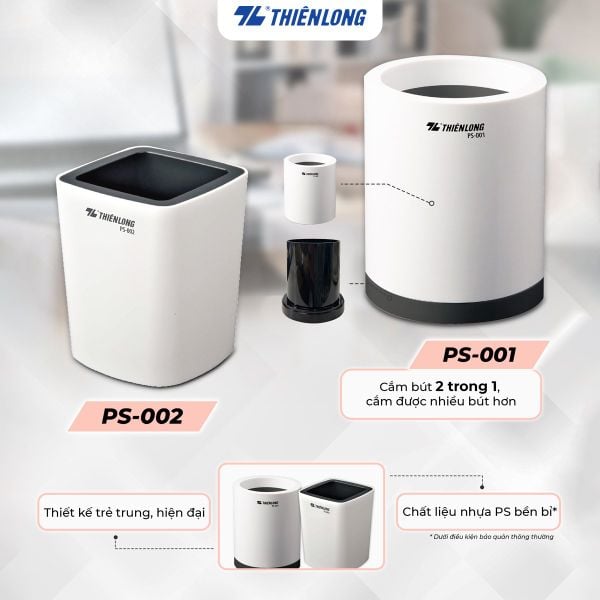 Ống cắm bút Thiên Long PS-002 – Nhựa PS cao cấp, dáng vuông gọn bàn