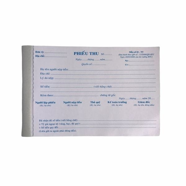 Phiếu thu 3 liên NY 13 × 19 cm, 50 bộ