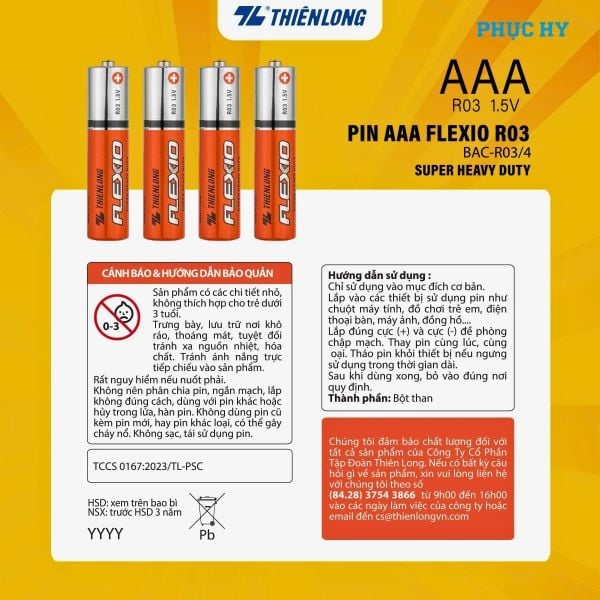 Pin Carbon AAA Thiên Long Flexio 1.5V – Lốc 4 Viên BAC-R03/4