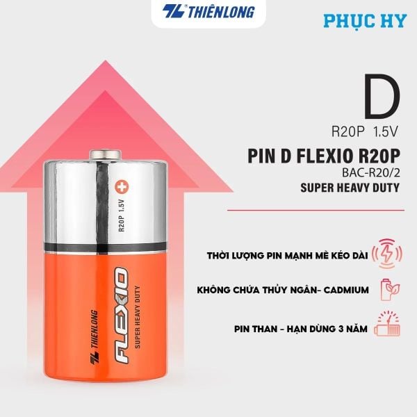 Pin Carbon D Thiên Long Flexio 1.5V – Lốc 2 Viên BAC-R20/2
