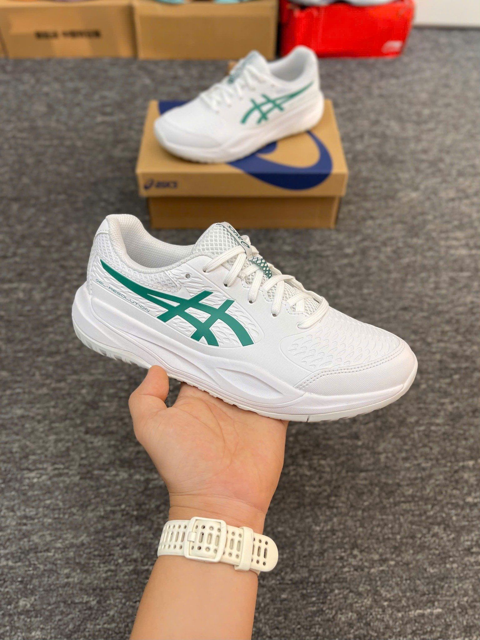  Giày Pickleball Asics Gel Resolution X GS |  Trắng Xanh | 1044A081-101 