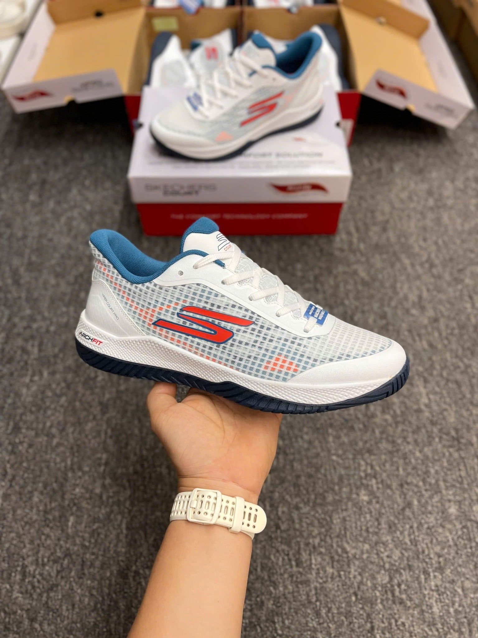  Giày Pickleball Skechers Viper Court Pro Nam | Trắng Xanh Đỏ | 246069C-WTQ 