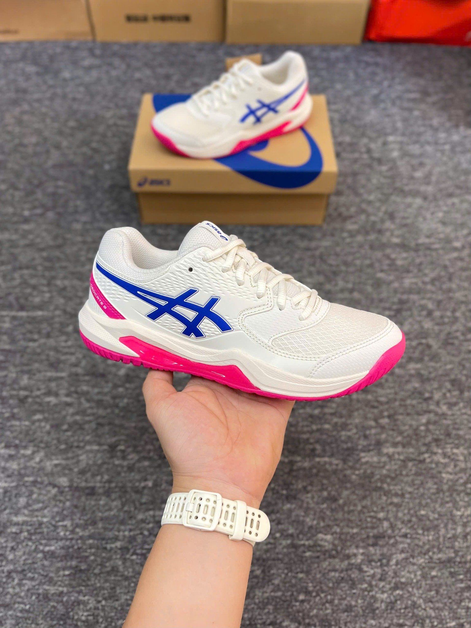  Giày Pickleball Asics Gel Dedicate 8 Nữ | Trắng Hồng | 1042A237-105 