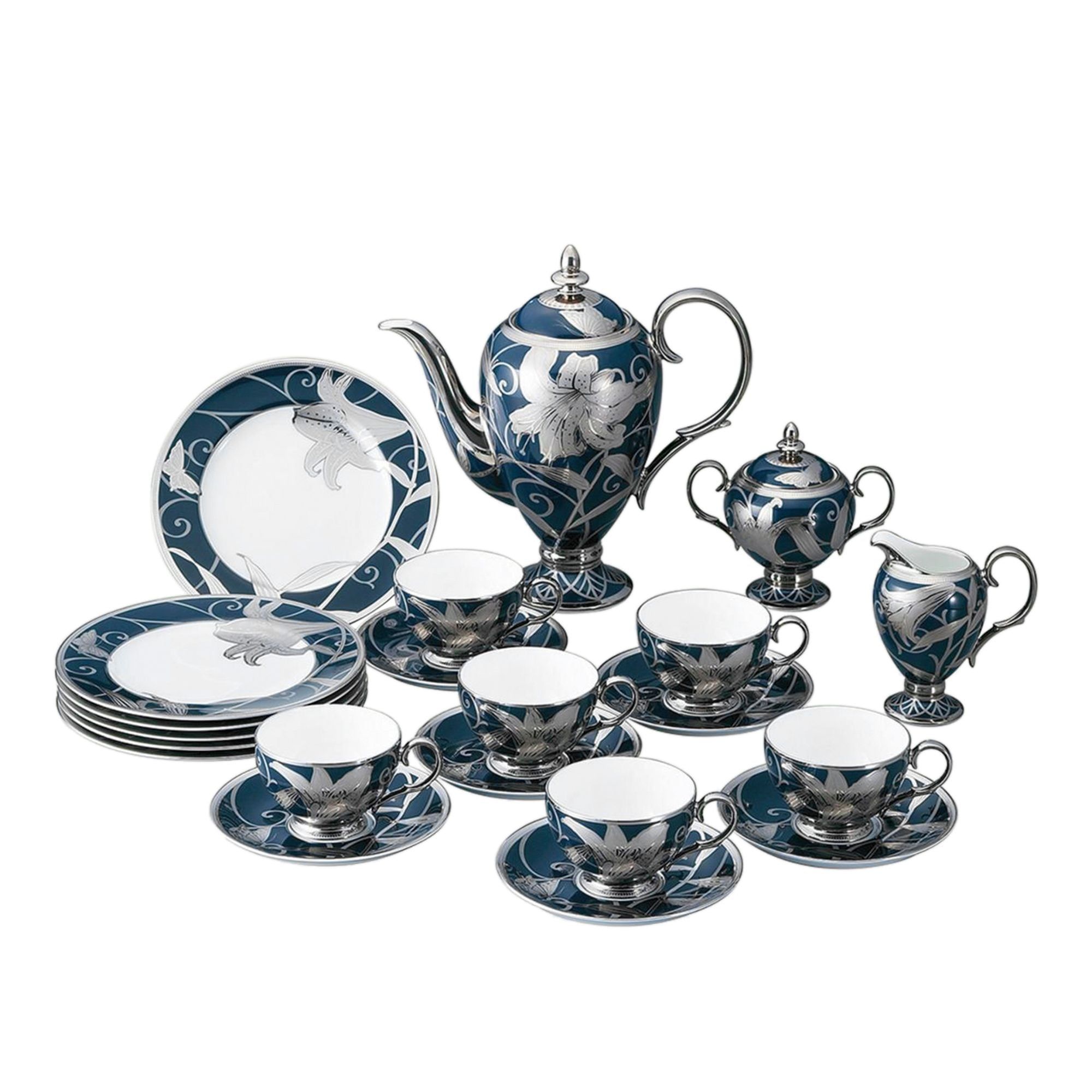 Bộ ấm chén uống trà (Đặc biệt: vẽ tay) 21 món xanh cobalt hoạ tiết hoa Ly bạc sứ Nhật cao cấp | Noritake Hanaginsai Yuri 4697J - T23