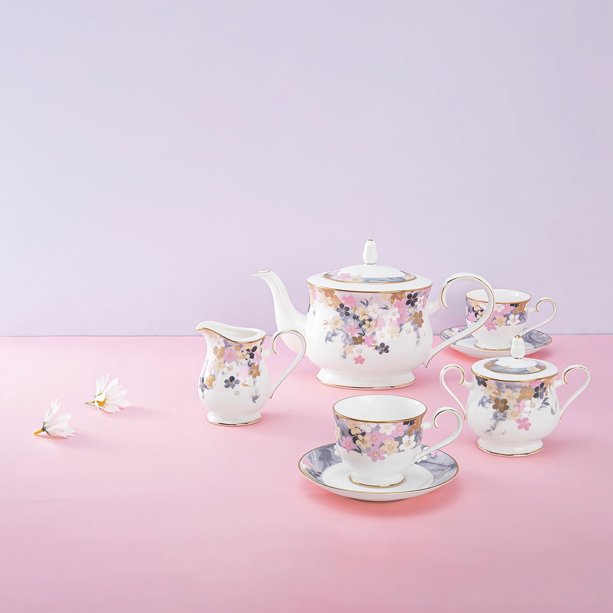 Bộ ấm chén uống trà (ấm 1.300ml, chén 230ml) 15 món sứ xương | Noritake Moonlit Blossoms 4969L - T017A