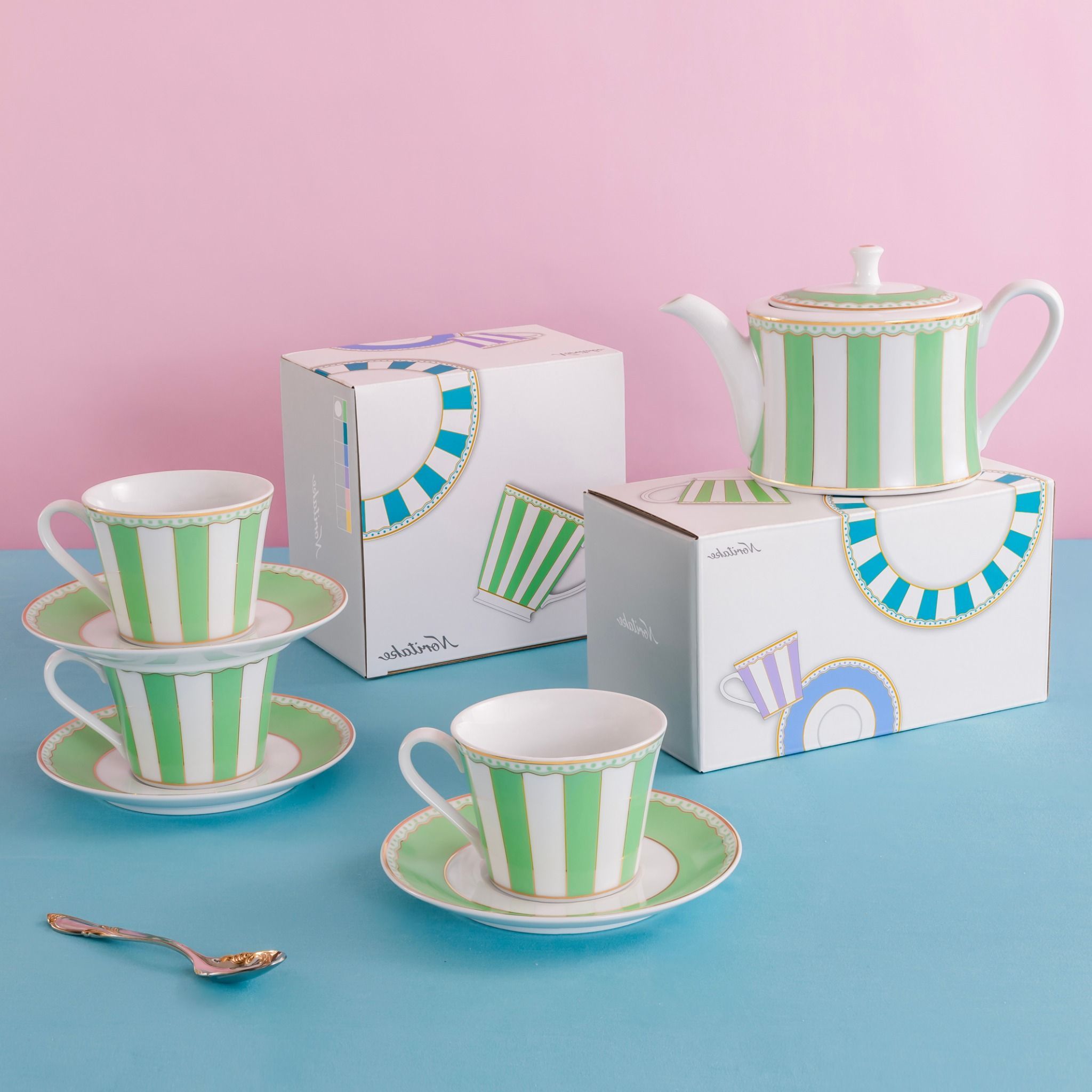 Bộ ấm chén uống trà (ấm 630ml, chén 250ml) 13 món sứ trắng (xanh lá pastel) | Noritake CRNIVL Apple Green M-252L - T014M